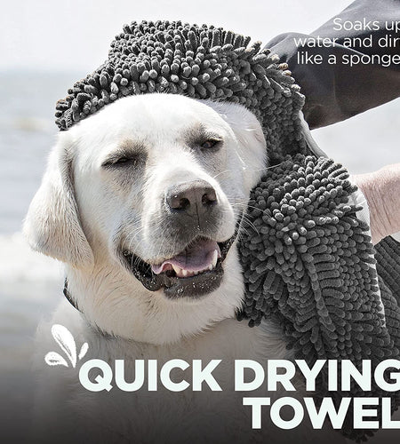Soggy Doggy Super Shammy Dog Towel, Washable Microfiber Dog Towels for Drying Dogs and Cleaning Paws, Fast-Drying Dog Bath Towel with Hand Pockets, Gray/Gray Trim, 31 X 14 Inches