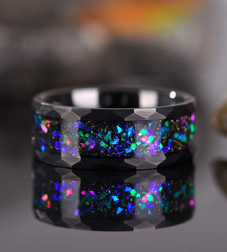 Mens Womens Tungsten Rings 8Mm 4Mm Galaxy Series Created-Opal Inlay Wedding Bands