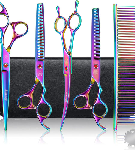 Professional Dog Grooming Scissors Set, 7 Inch/8 Inch Pet Grooming Scissors Chunkers Shears for Dog, Curved Dog Grooming Scissors, Thinning Shears for Dog with Grooming Comb