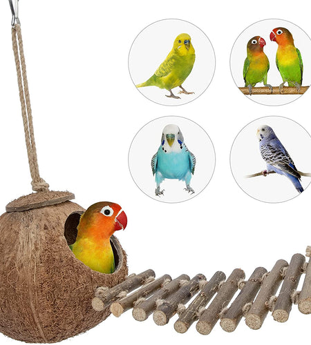 100% Natural Coconut Hideaway with Ladder, Bird and Small Animal Toy