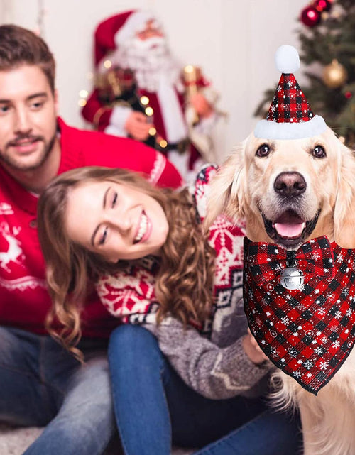 Load image into Gallery viewer, Christmas Snowflake Dog Bandana Costume, Christmas Classic Plaid Snowflake Dog Bandana Scarf Hat Bow Tie with Bell Costume Decoration for Dogs Pets
