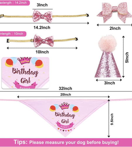 Dog Birthday Party Supplies Bandana Hat Banner Set Boy Girl Cute Bow Tie Scarf Dog Birthday Decorations (Pink，Dog Girl)