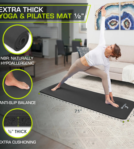Extra Thick Yoga and Pilates Mat 1/2-Inch or 1-Inch Thick for Fitness