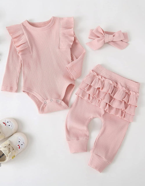 Load image into Gallery viewer, Baby Girl'S 3Pc Rib Frill Long Sleeve Romper and Pant Set
