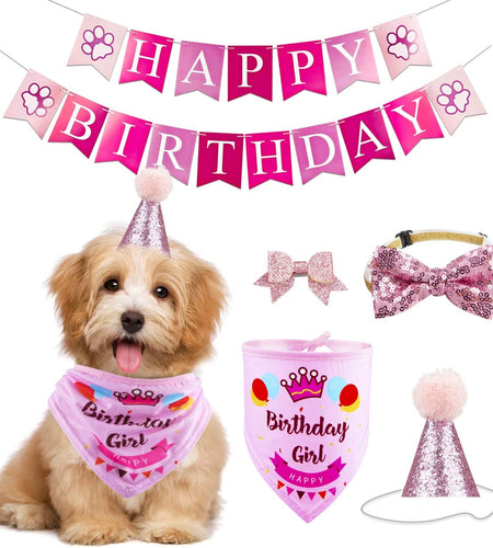 Dog Birthday Party Supplies Bandana Hat Banner Set Boy Girl Cute Bow Tie Scarf Dog Birthday Decorations (Pink，Dog Girl)