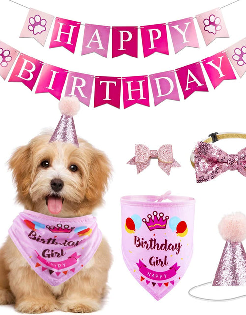 Load image into Gallery viewer, Dog Birthday Party Supplies Bandana Hat Banner Set Boy Girl Cute Bow Tie Scarf Dog Birthday Decorations (Pink，Dog Girl)
