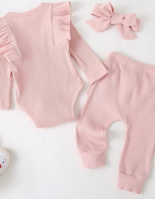 Load image into Gallery viewer, Baby Girl'S 3Pc Rib Frill Long Sleeve Romper and Pant Set

