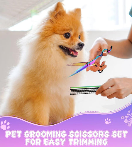Professional Dog Grooming Scissors Set, 7 Inch/8 Inch Pet Grooming Scissors Chunkers Shears for Dog, Curved Dog Grooming Scissors, Thinning Shears for Dog with Grooming Comb